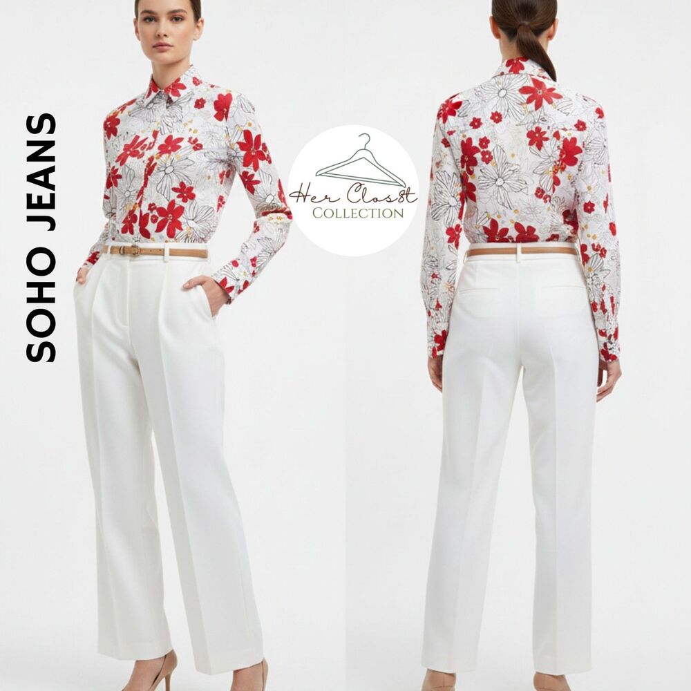 SOHO Jeans White Red Floral Longsleeved Woven Button Shirt Jr. Size Large NWT